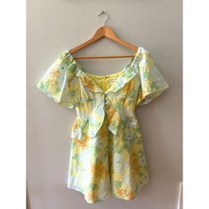SABO Floral Eyelet Mini Dress Size S US 4 Yellow Green Puff Sleeve Ruffle